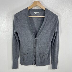 Halogen Merino Wool Cardigan Sweater‎ Medium Women Gray Button Front Classic